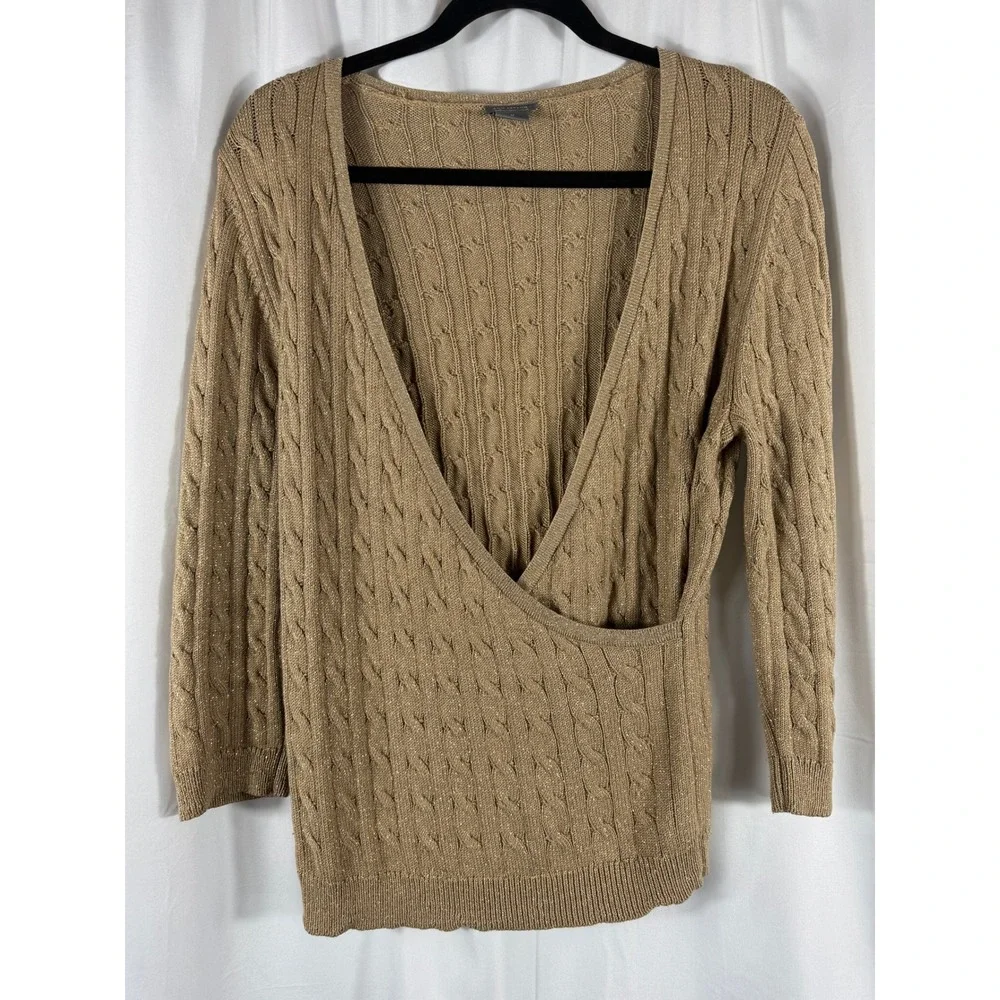 Ann Taylor Womens Tan Cable Silk Blend Knit Wrap Sweater Sparkle Details Size M
